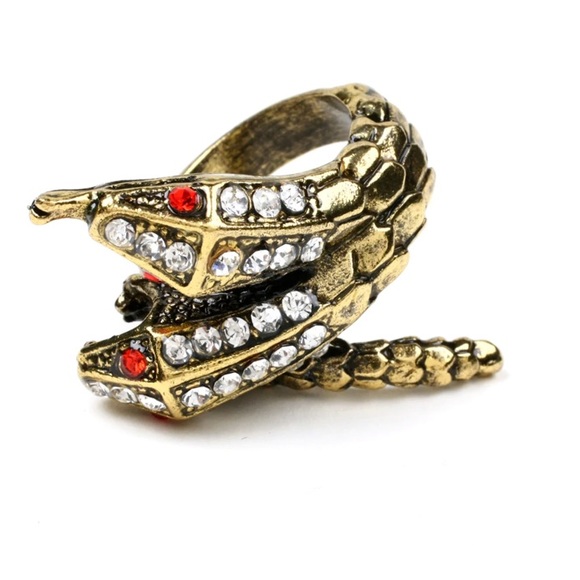 Amrita Singh Austrian Crystal Antique Silver Two Head Snake Ring Size 8. New - Picture 3 of 11